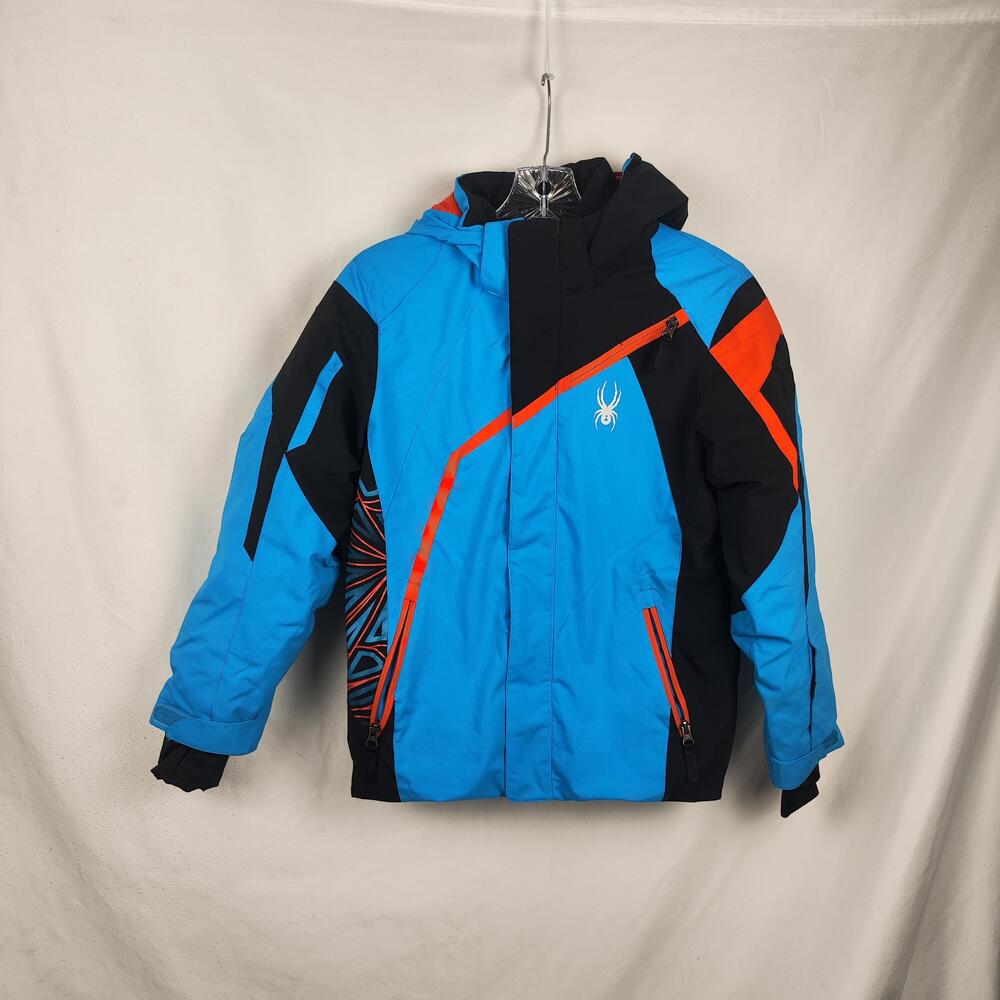Spyder Jacket Youth 12 Blue Colorblock Hooded Ski Snow Insulated Zip Pockets